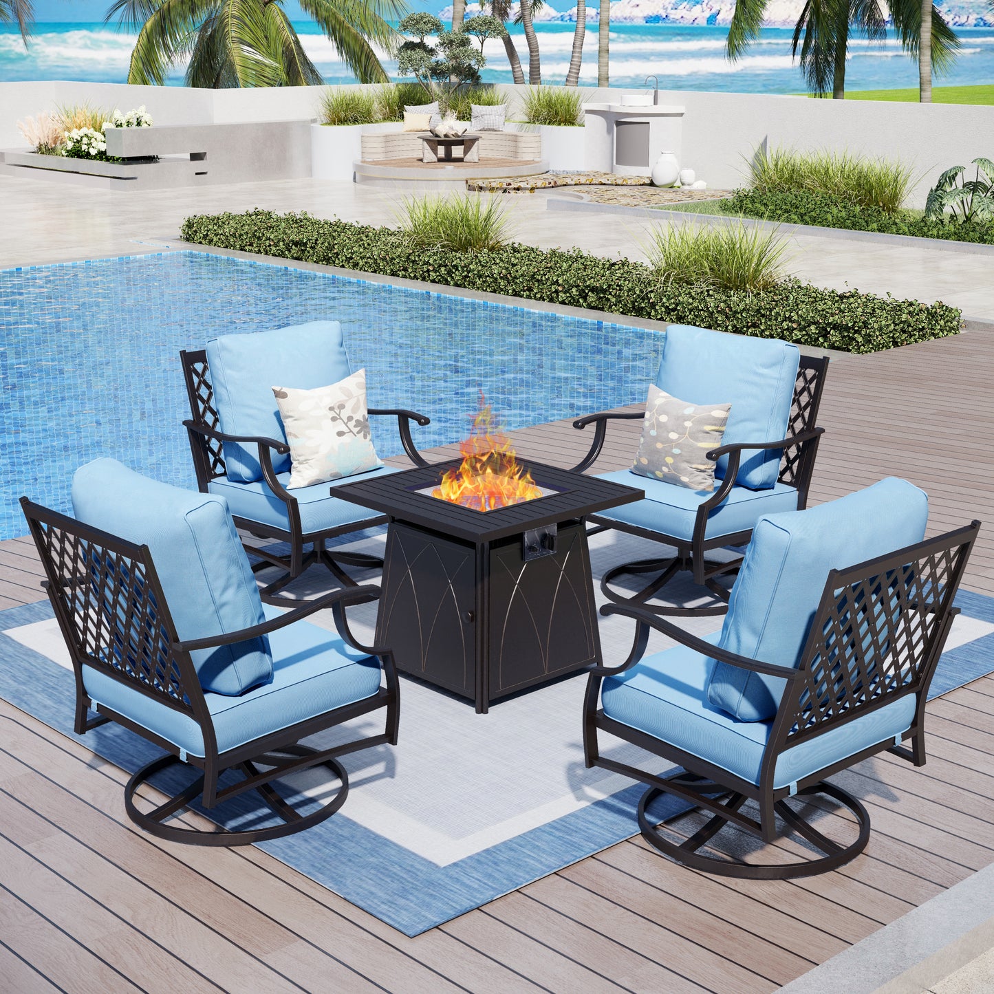 Captiva Designs 5pc Metal Patio Outdoor Conversation Fire Pit Set with Swivel Grid-back Armchairs for Garden, Poolside, Backyard