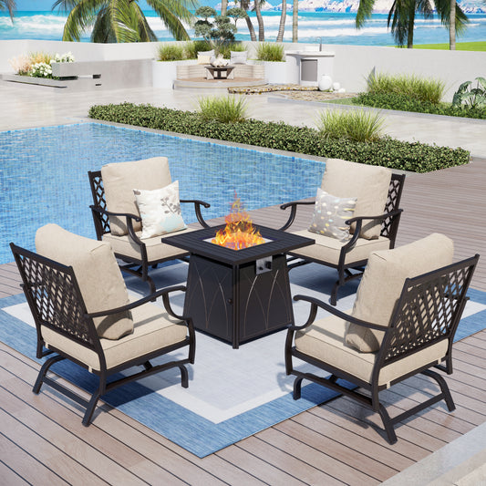 Captiva Designs 5pc Metal Patio Outdoor Conversation Fire Pit Set with Rocking Grid-back Armchairs for Garden, Poolside, Backyard