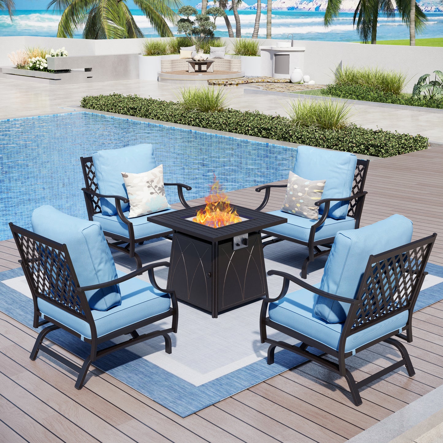 Captiva Designs 5pc Metal Patio Outdoor Conversation Fire Pit Set with Rocking Grid-back Armchairs for Garden, Poolside, Backyard