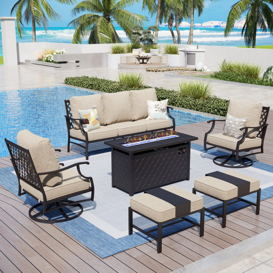 Captiva Designs 6pc Metal Patio Outdoor Conversation Fire Pit Set with Swivel Armchairs and Ottomans
