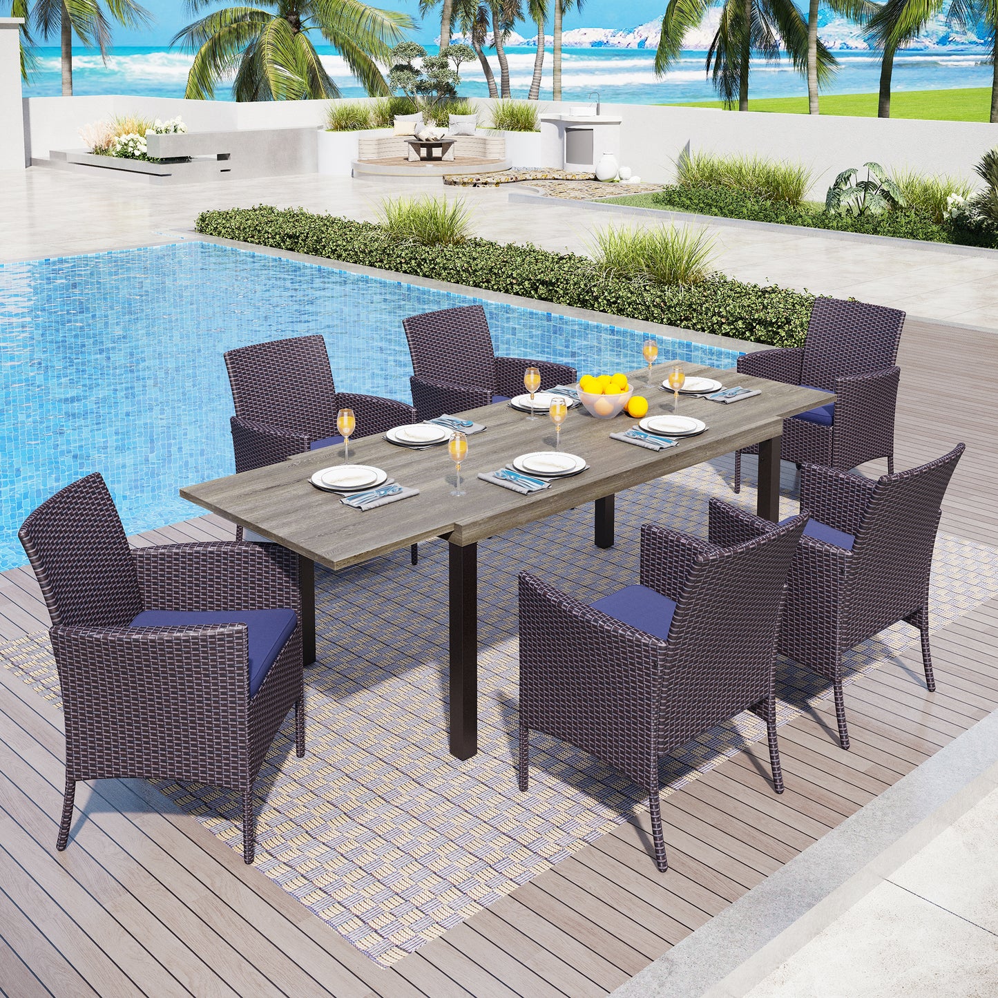 Captiva Designs 7pc Outdoor Patio Expandable Steel Dining Table & Crescent Arm Rattan Chairs