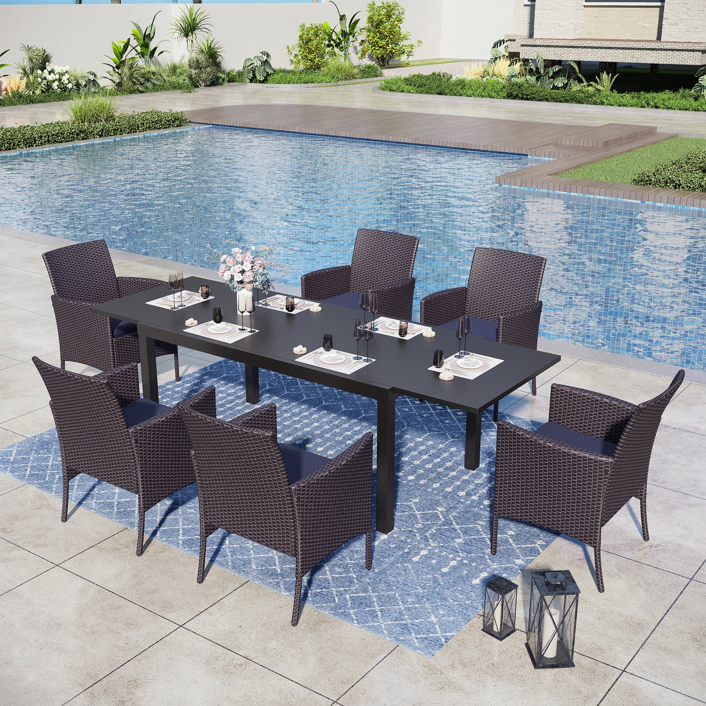 Captiva Designs 7pc Outdoor Patio Expandable Steel Dining Table & Crescent Arm Rattan Chairs