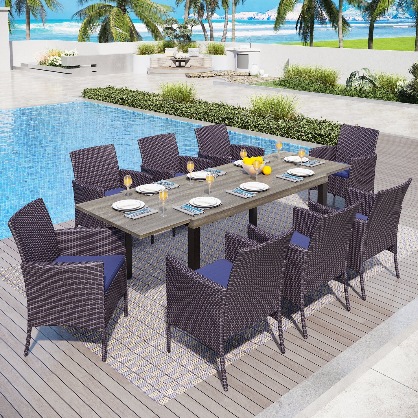 Captiva Designs 9pc Outdoor Patio Expandable Steel Dining Table & & Crescent Arm Rattan Chairs