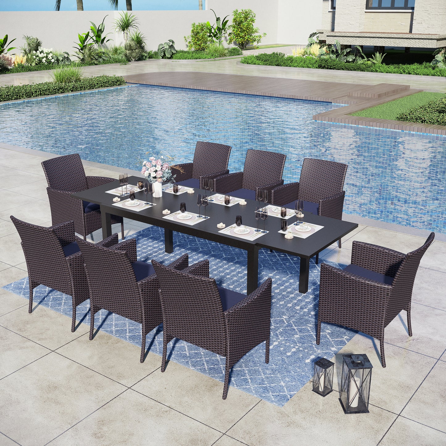 Captiva Designs 9pc Outdoor Patio Expandable Steel Dining Table & & Crescent Arm Rattan Chairs