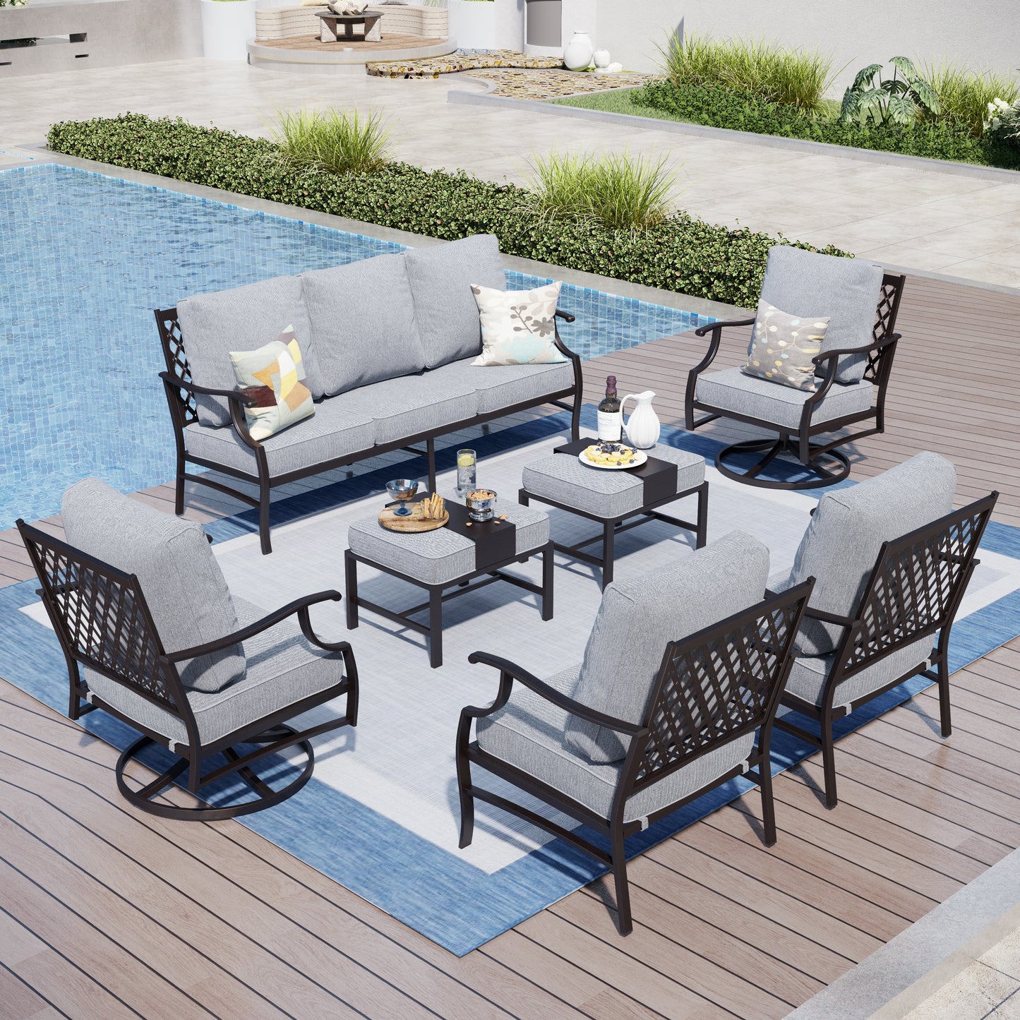 Captiva Designs 7pc Metal Patio Outdoor Conversation Set with Swivel Grid-back Chairs, Ottomans for Garden, Poolside, Backyard