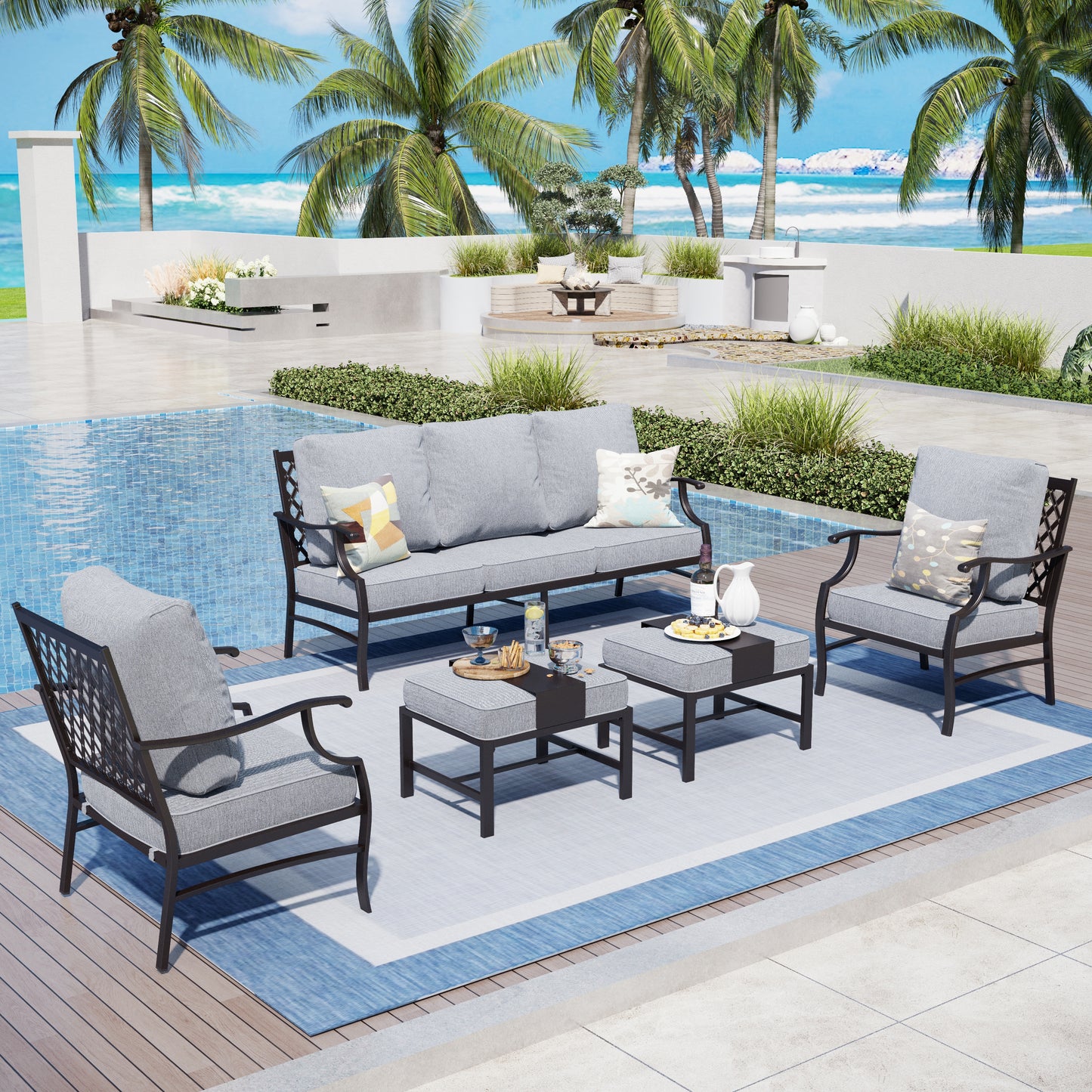 Captiva Designs 5pc Metal Patio Outdoor Conversation Set with Grid-back Armchairs and Ottomans