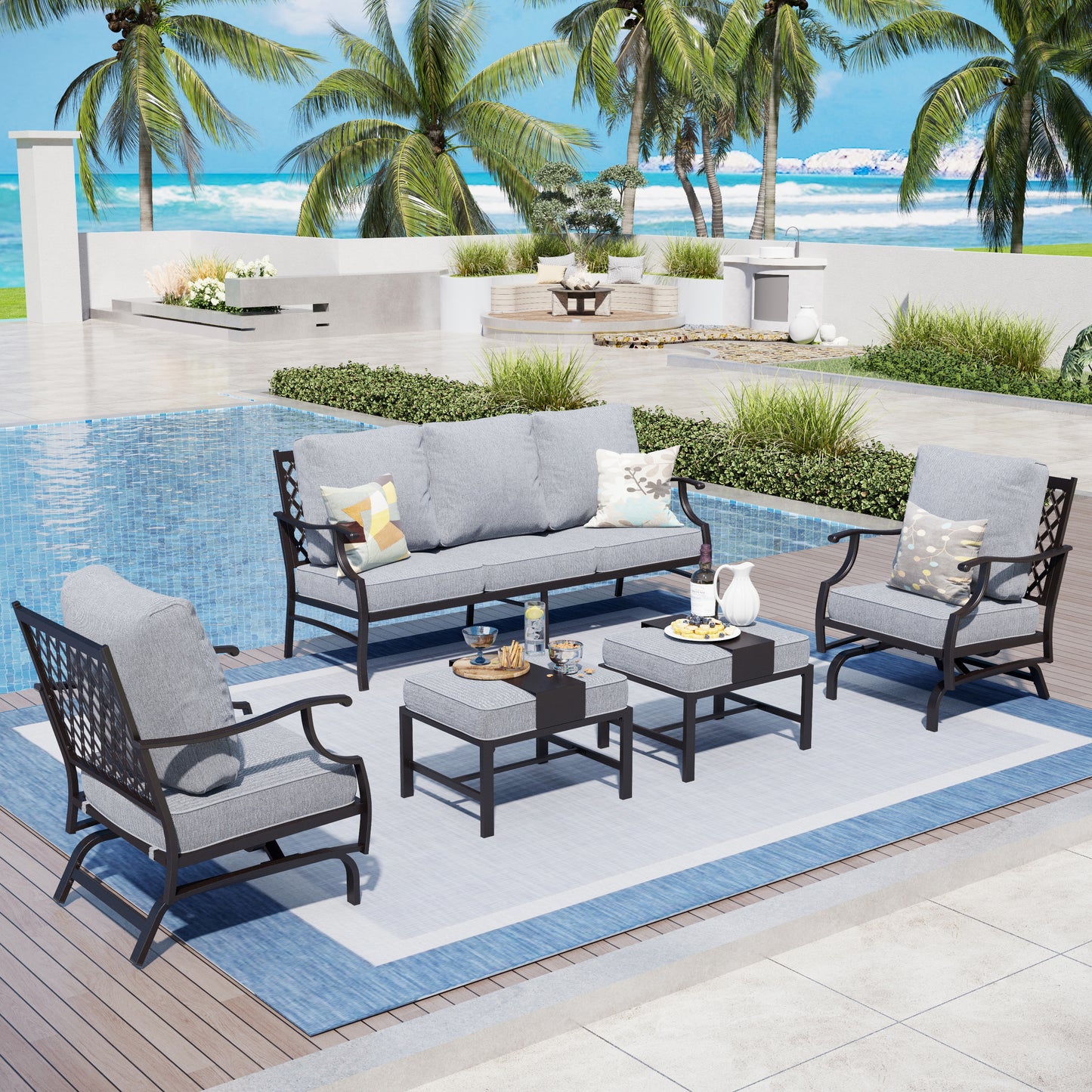 Captiva Designs 5pc Metal Patio Outdoor Conversation Set with Rocking Grid-back Chairs and Ottomans