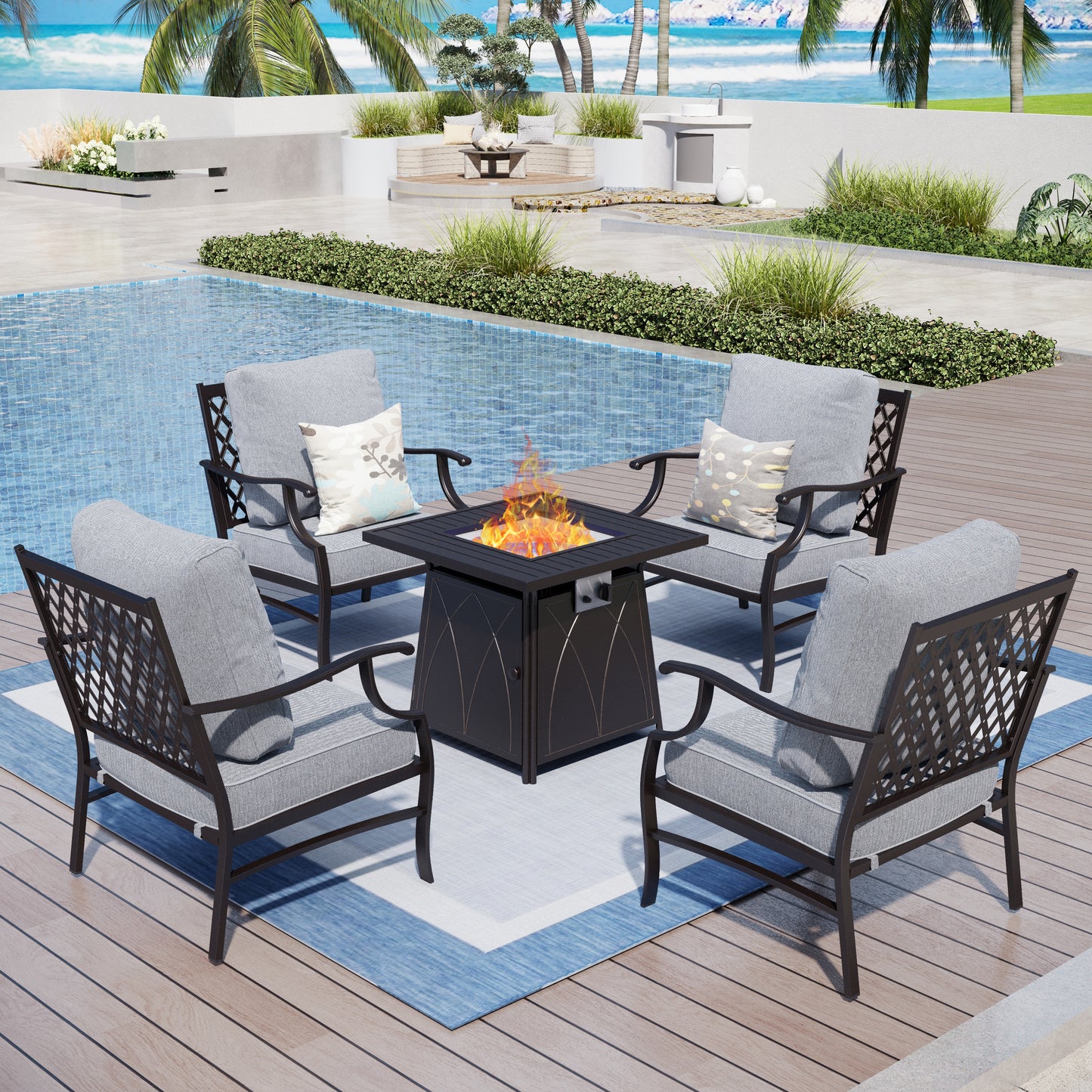 Captiva Designs 5pc Metal Patio Outdoor Conversation Fire Pit Set with Grid-back Armchairs for Garden, Poolside, Backyard