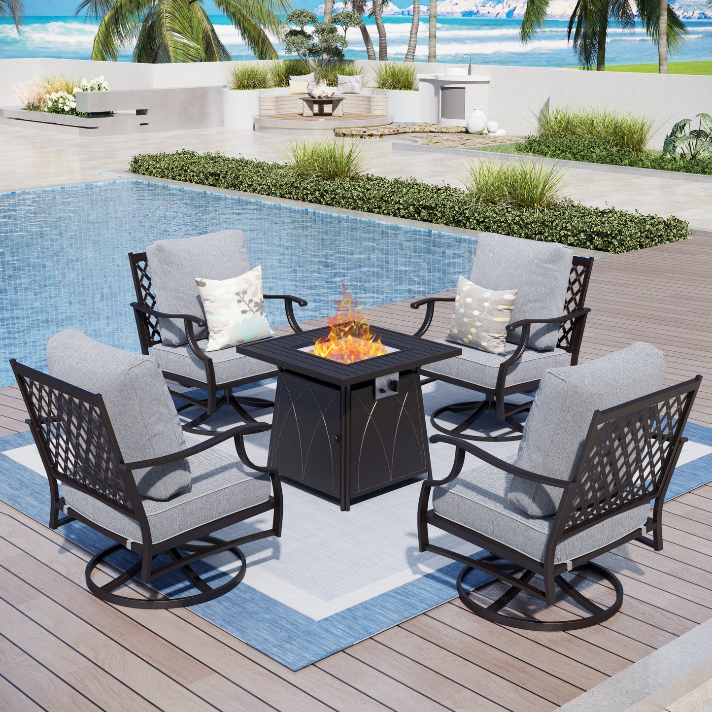Captiva Designs 5pc Metal Patio Outdoor Conversation Fire Pit Set with Swivel Grid-back Armchairs for Garden, Poolside, Backyard