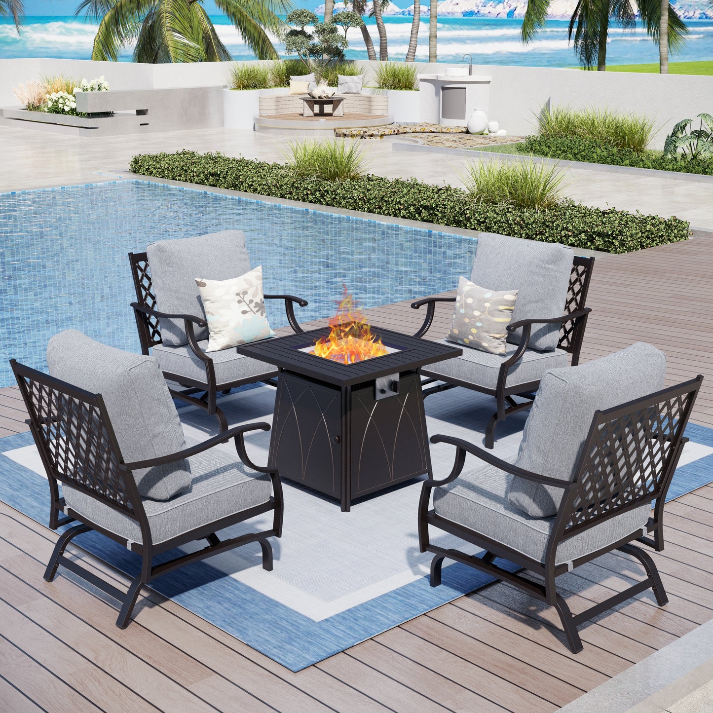 Captiva Designs 5pc Metal Patio Outdoor Conversation Fire Pit Set with Rocking Grid-back Armchairs for Garden, Poolside, Backyard