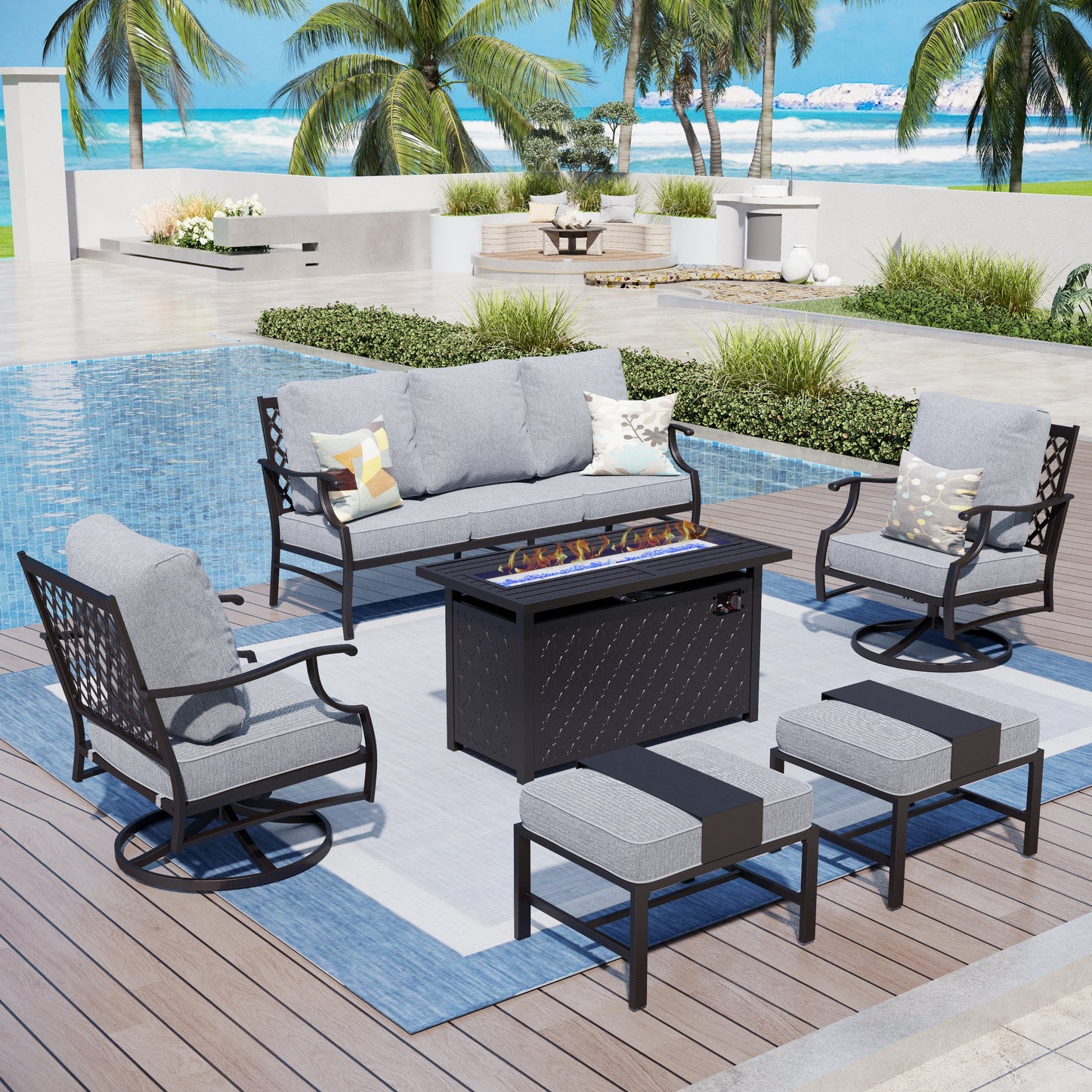 Captiva Designs 6pc Metal Patio Outdoor Conversation Fire Pit Set with Swivel Armchairs and Ottomans