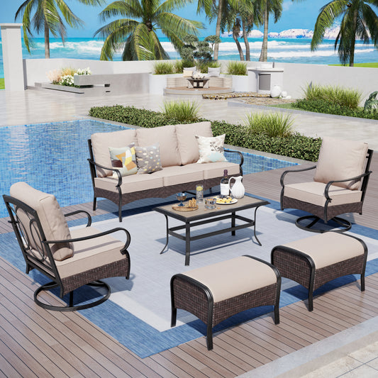 Captiva Designs 6pc extra large metal and rattan outdoor patio conversation set with table, swivel armchairs and ottoman