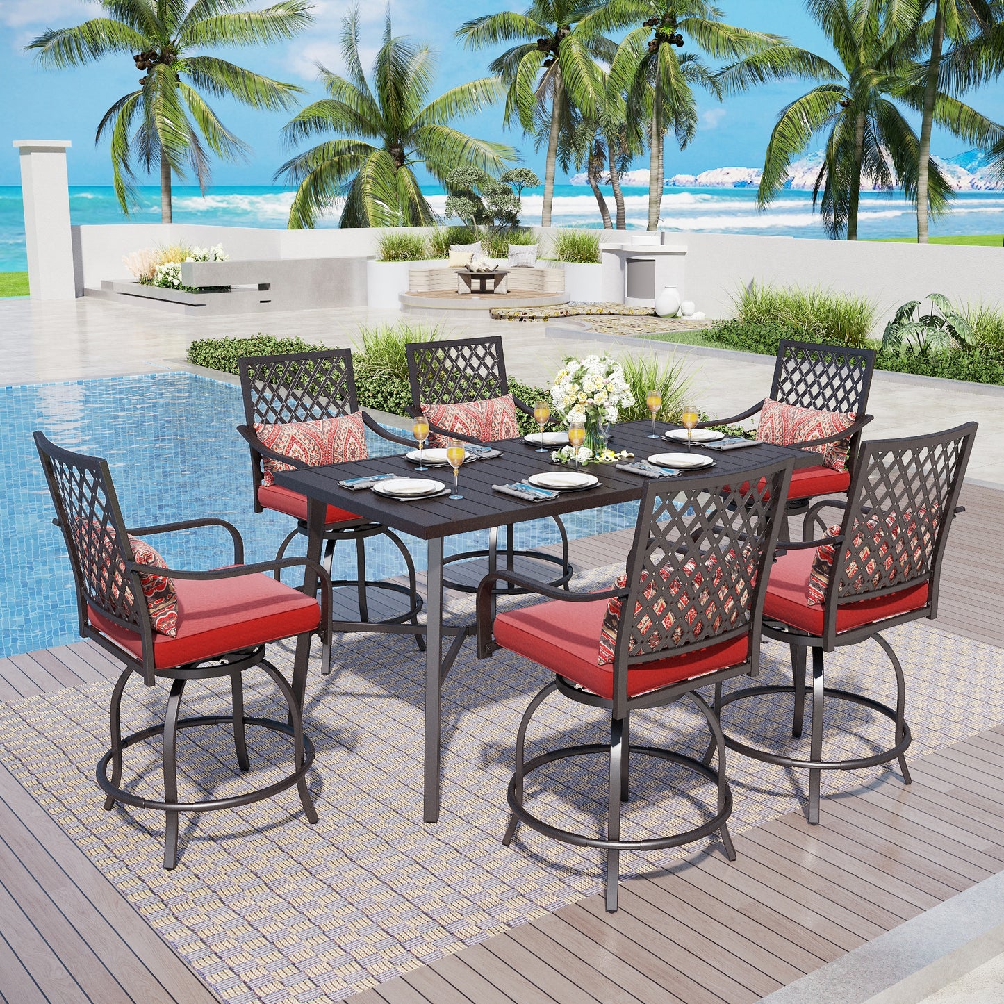 Captiva Designs 7pc Outdoor Patio Slatted Top Rectangle Metal Bar Table & Steel Swivel Bar Stools