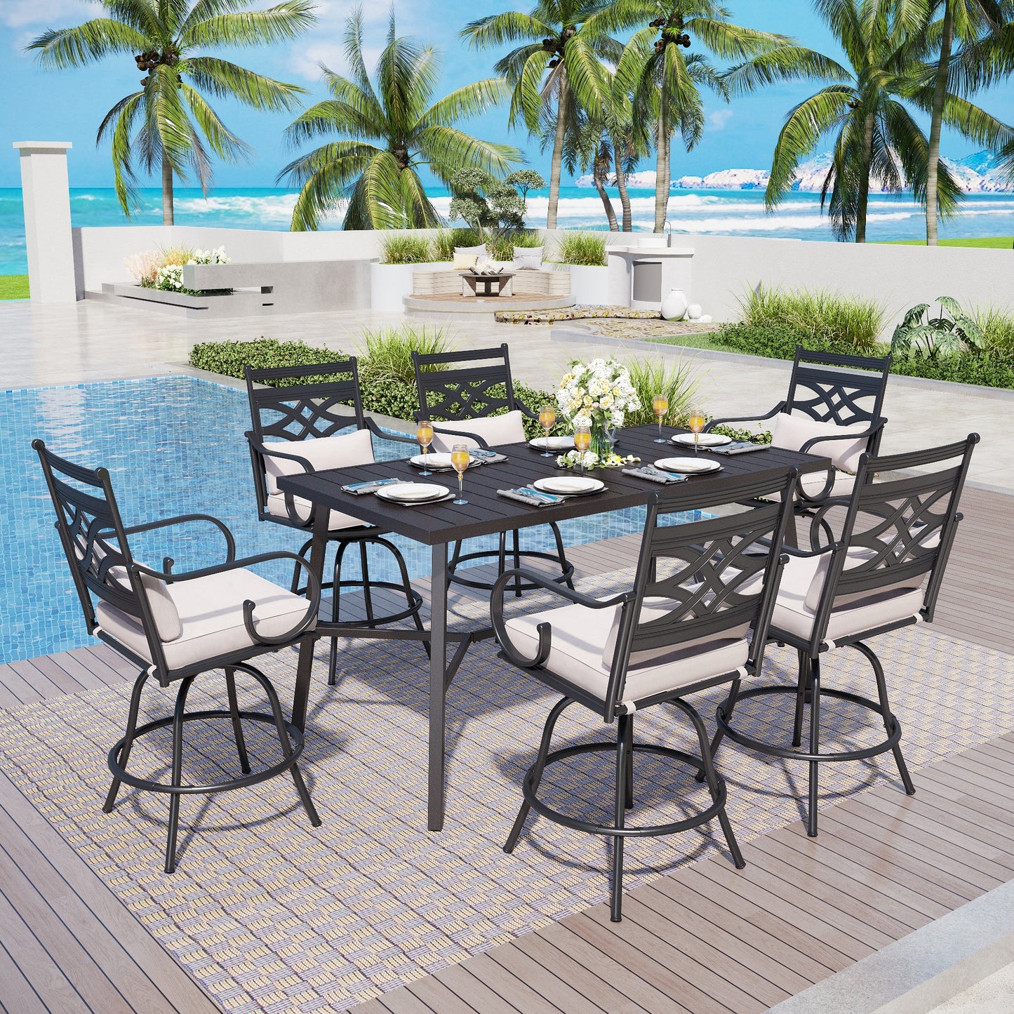 Captiva Designs 7pc Outdoor Patio Slatted Top Rectangle Metal Bar Table & Steel Swivel Bar Stools