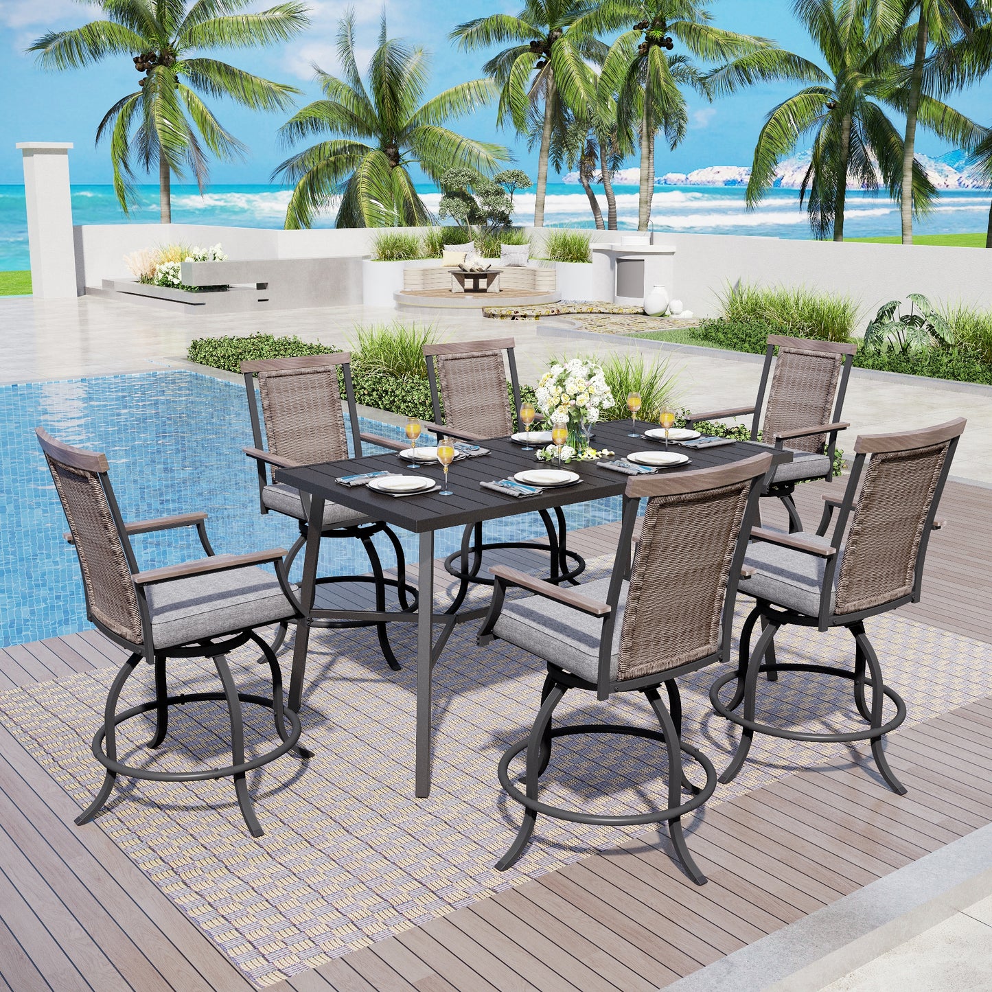 Captiva Designs 7pc Outdoor Patio Slatted Top Rectangle Metal Bar Table & Steel Swivel Bar Stools