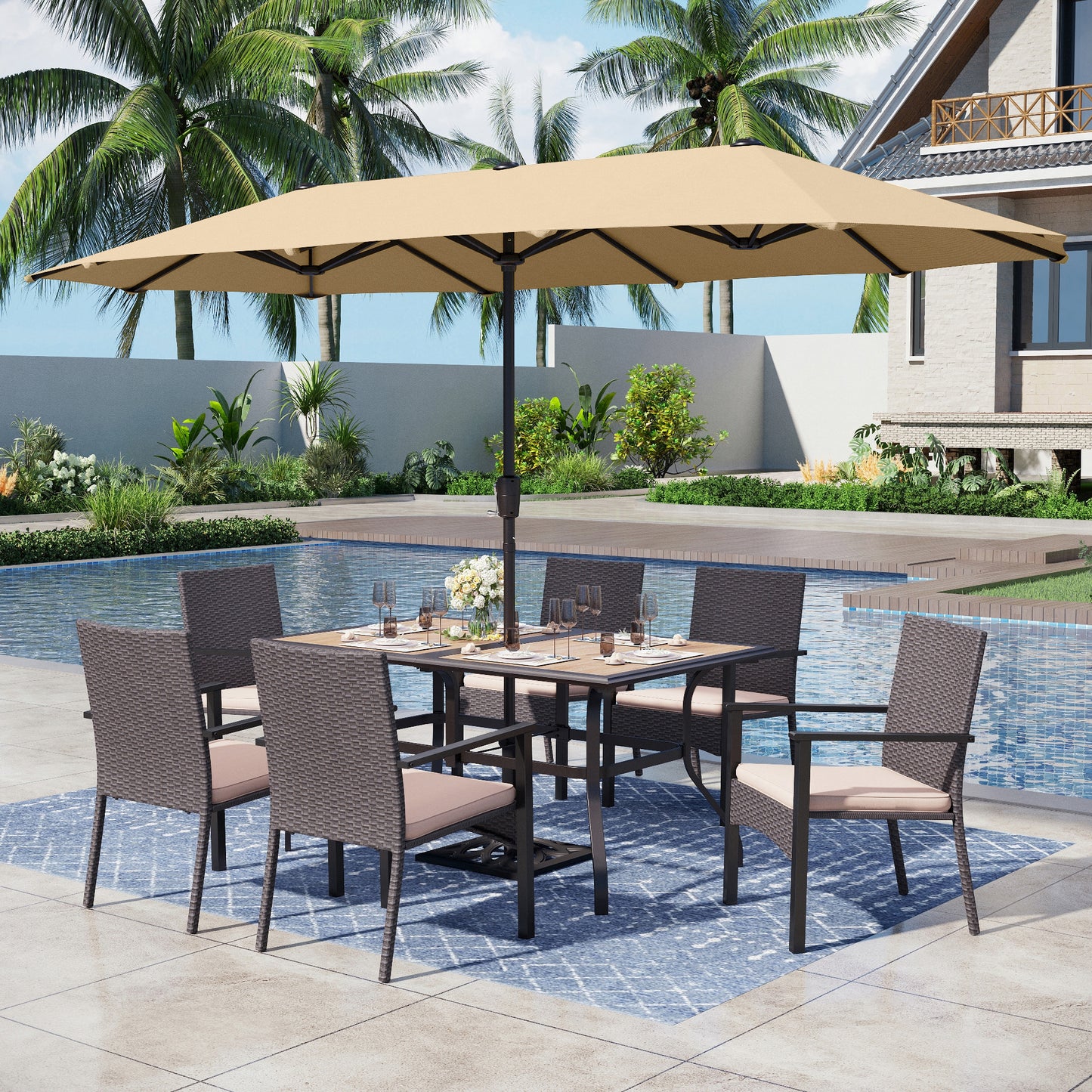 Captiva Designs 8pc Patio Dining Set with Rectangular Table & Armrest Rattan Chairs & Market Umbrella