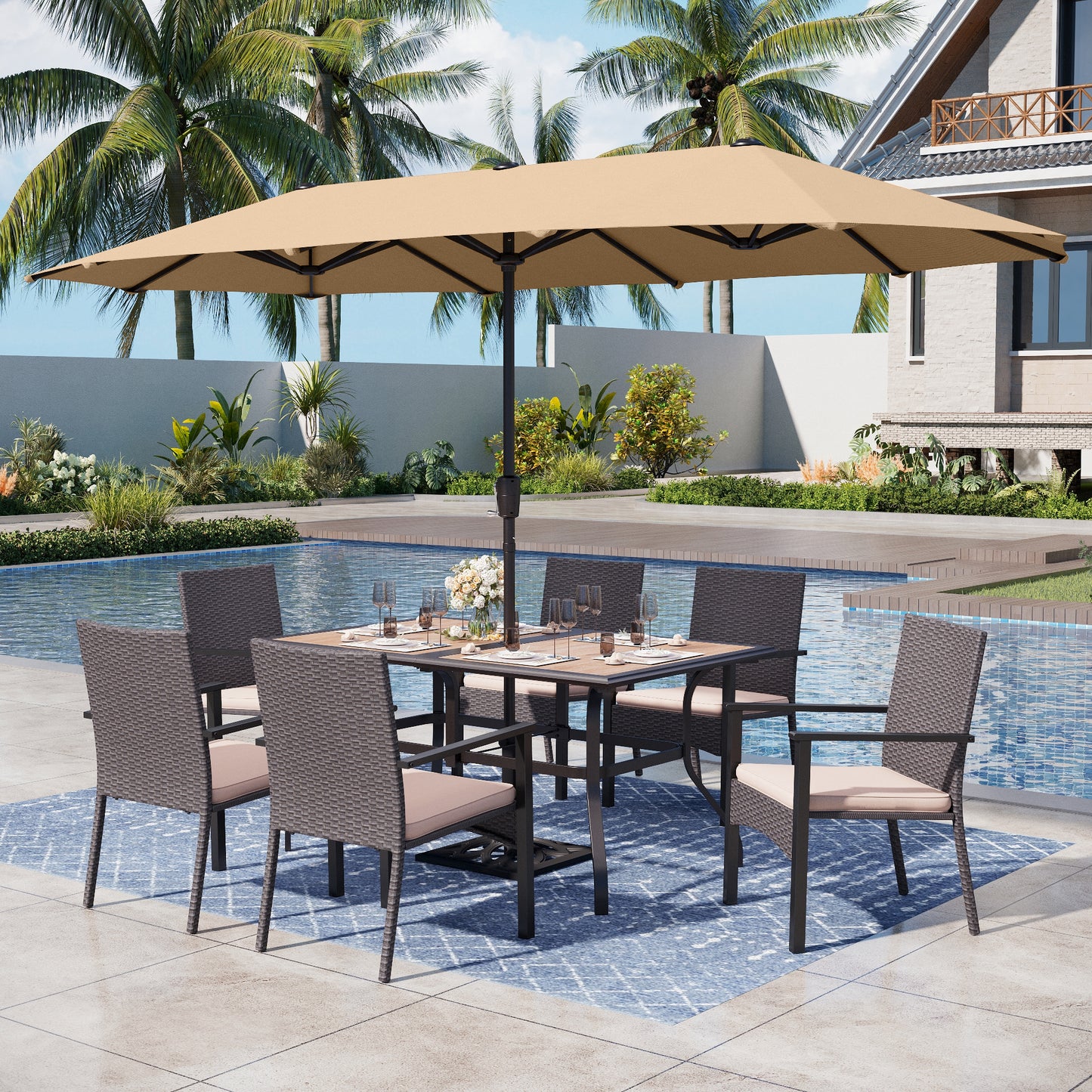 Captiva Designs 1Pc Outdoor Wood-look Rectangle Steel Frame Dining Table with Umbrella Hole