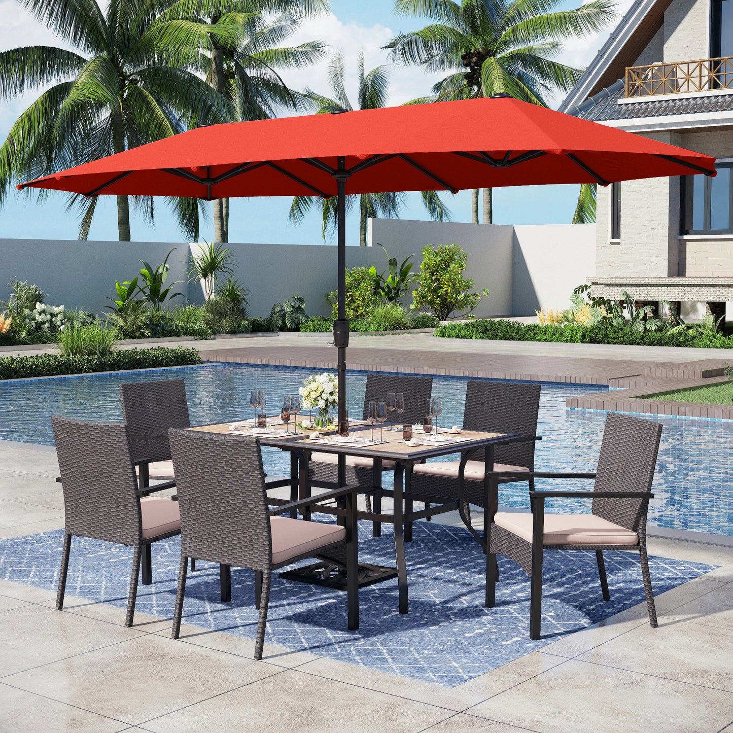 Captiva Designs 8pc Patio Dining Set with Rectangular Table & Armrest Rattan Chairs & Market Umbrella