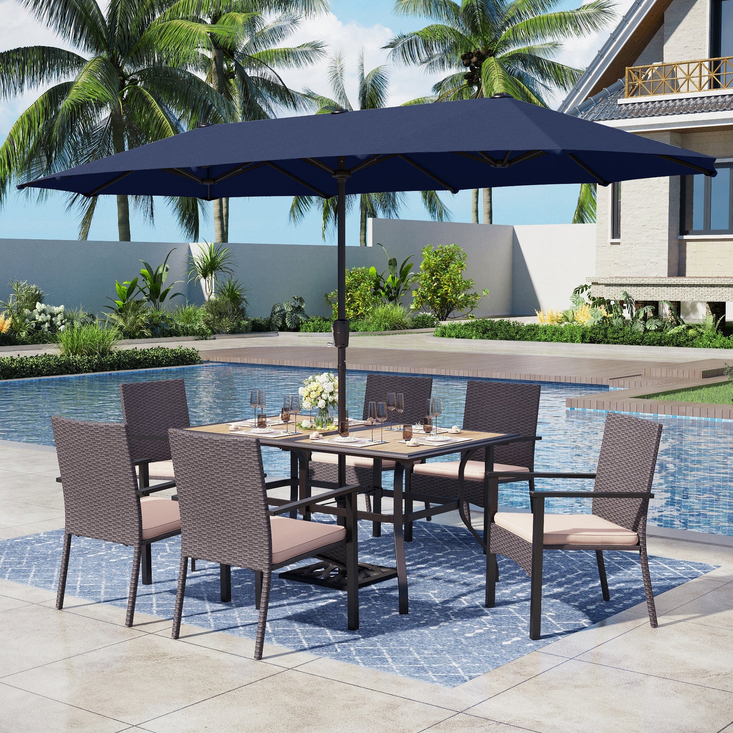 Captiva Designs 8pc Patio Dining Set with Rectangular Table & Armrest Rattan Chairs & Market Umbrella