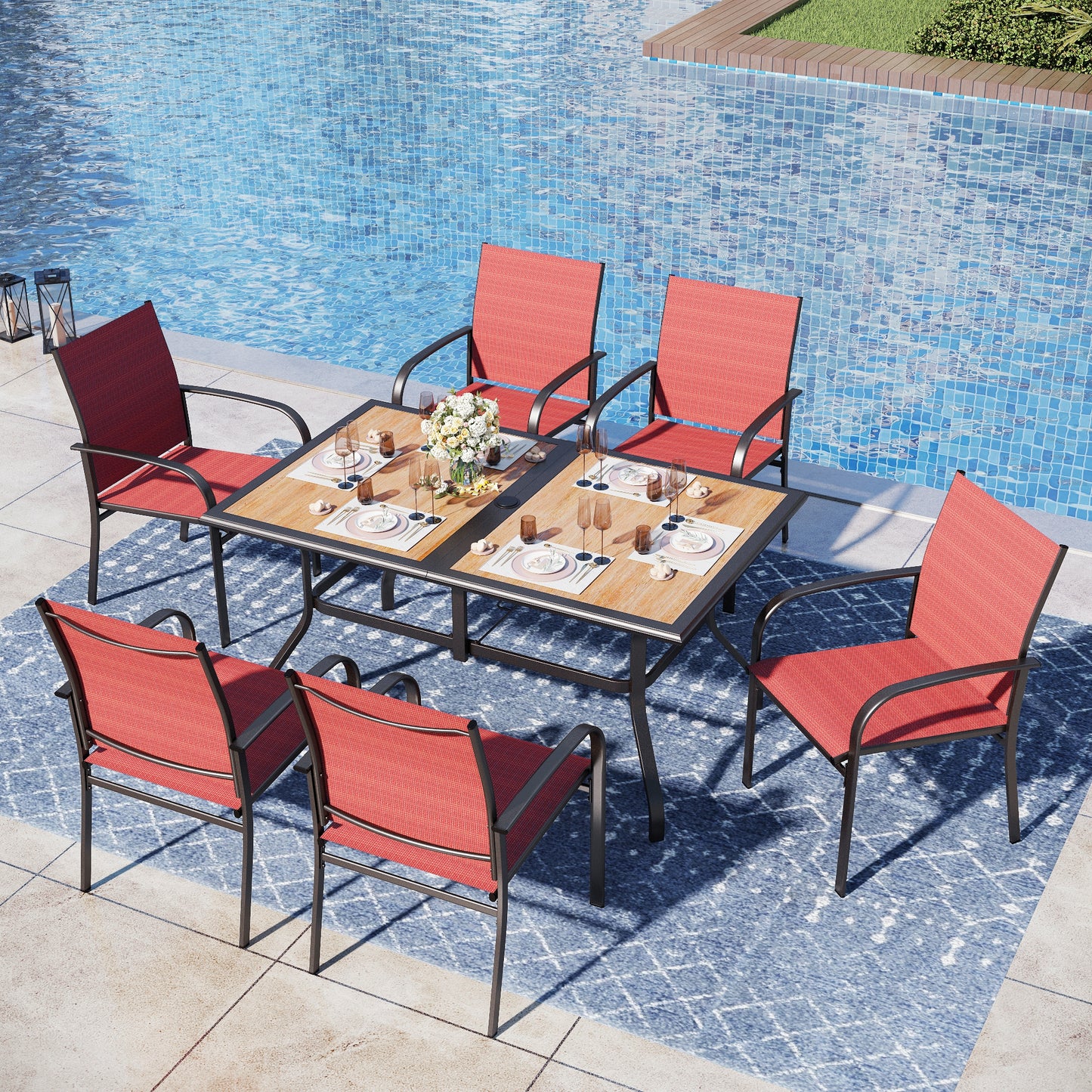 Captiva Designs 7pc Patio Dining Set with Wood-look Rectangle Steel Table & Sling Fixed Chairs