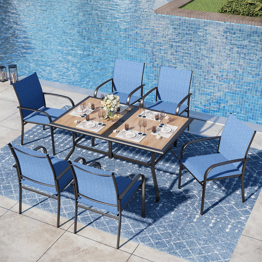 Captiva Designs 7pc Patio Dining Set with Wood-look Rectangle Steel Table & Sling Fixed Chairs