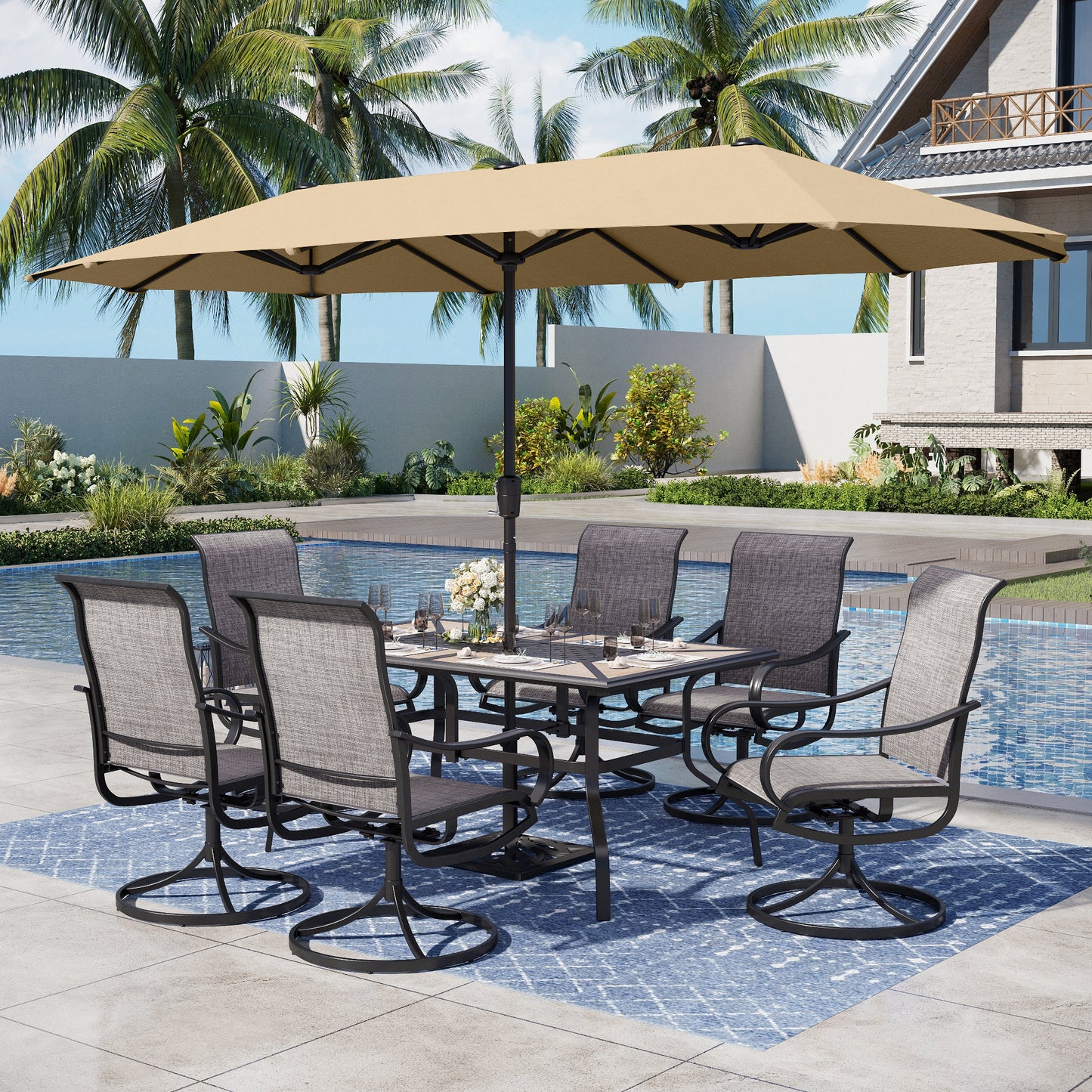 Captiva Designs 8pc Outdoor Wood-look Rectangle Steel Dining Table & Sling Swivel Chairs & Market Umbrella