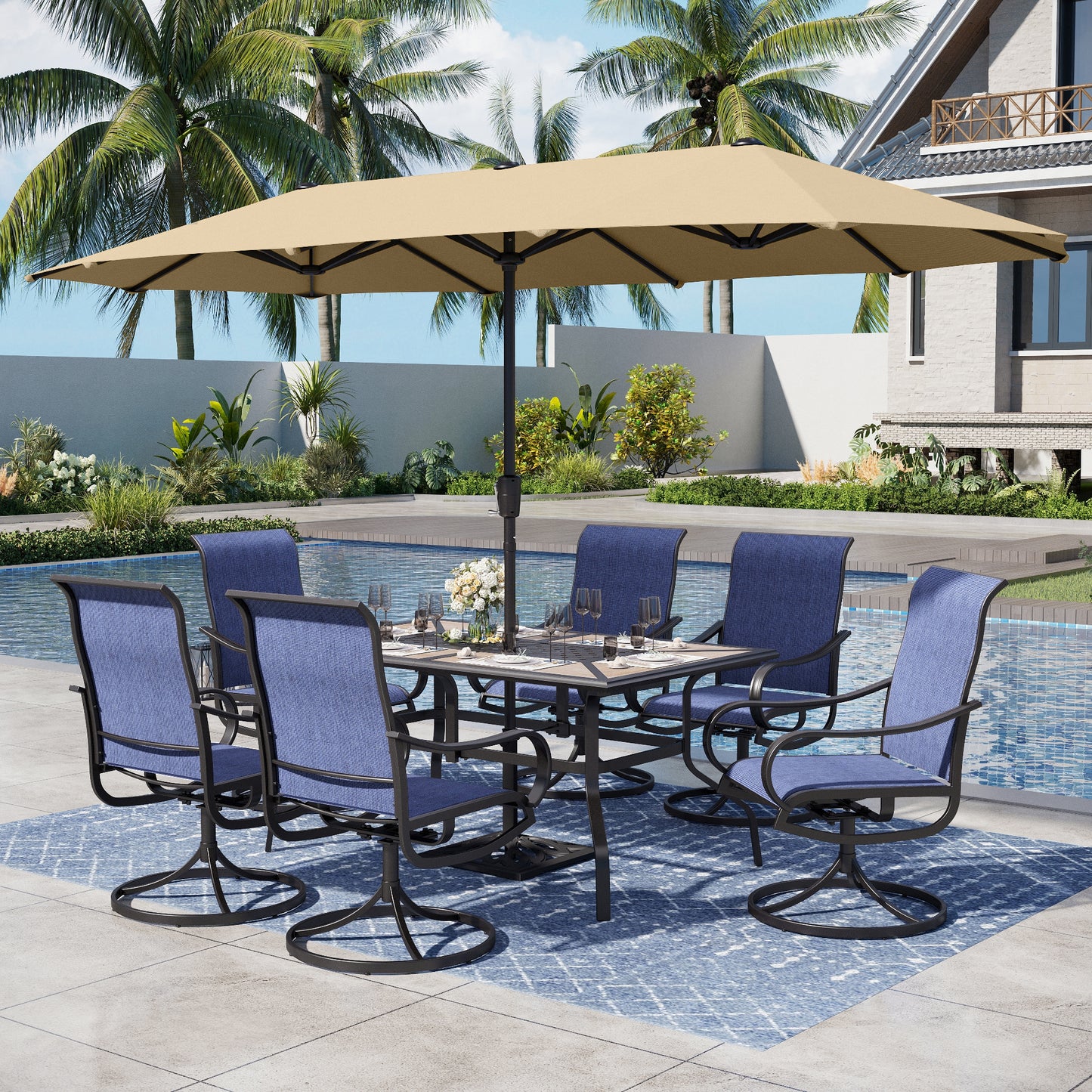 Captiva Designs 8pc Outdoor Wood-look Rectangle Steel Dining Table & Sling Swivel Chairs & Market Umbrella