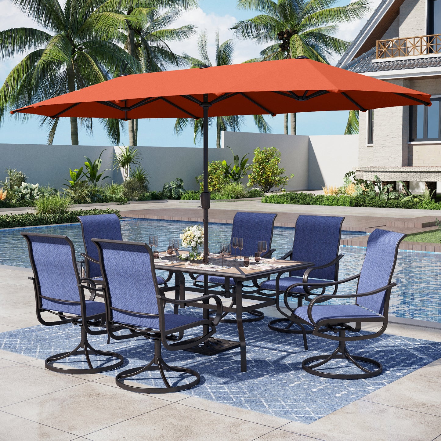 Captiva Designs 8pc Outdoor Wood-look Rectangle Steel Dining Table & Sling Swivel Chairs & Market Umbrella