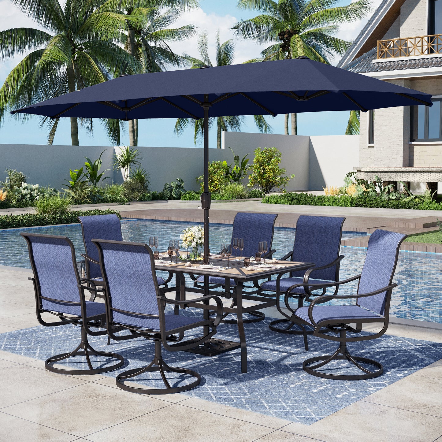 Captiva Designs 8pc Outdoor Wood-look Rectangle Steel Dining Table & Sling Swivel Chairs & Market Umbrella