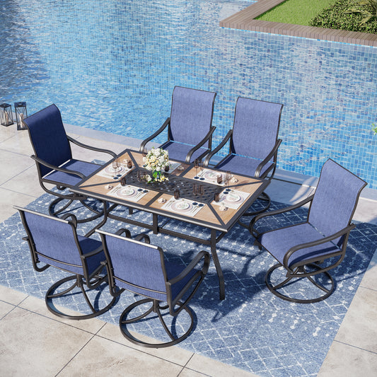 Captiva Designs 7pc Patio Dining Wood-look Rectangle Steel Frame Table & Textilene Swivel Chairs