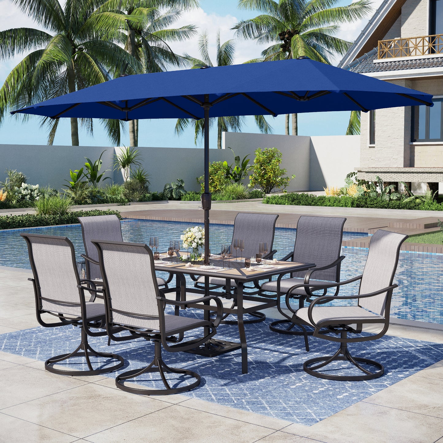 Captiva Designs 8pc Outdoor Wood-look Rectangle Steel Dining Table & Sling Swivel Chairs & Market Umbrella