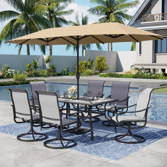 Captiva Designs 8pc Outdoor Wood-look Rectangle Steel Dining Table & Sling Swivel Chairs & Market Umbrella