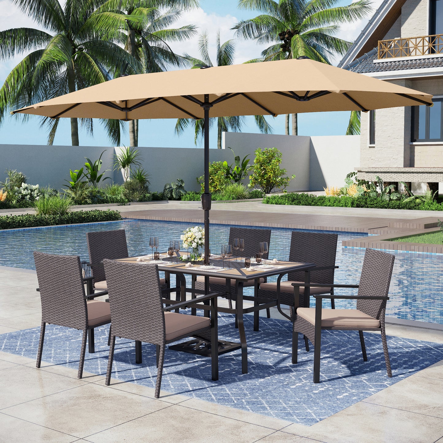 Captiva Designs 8pc Patio Dining Set with Rectangular Table & Armrest Rattan Chairs & Market Umbrella