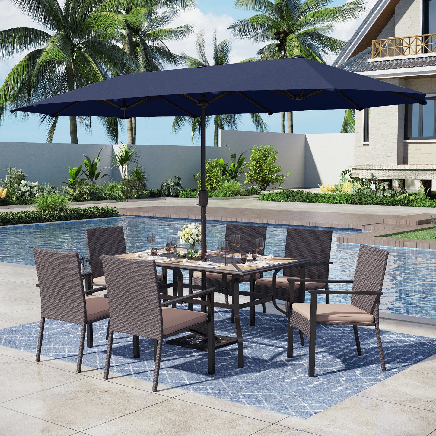 Captiva Designs 8pc Patio Dining Set with Rectangular Table & Armrest Rattan Chairs & Market Umbrella