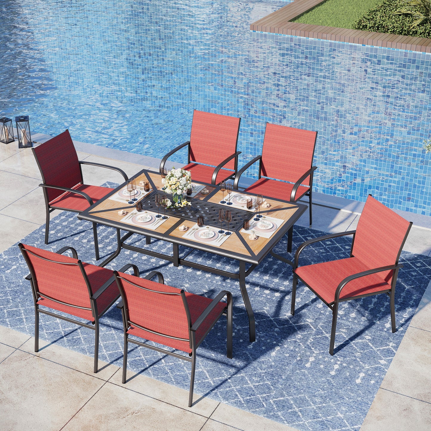 Captiva Designs 7pc Patio Dining Set with Wood-look Rectangle Steel Table & Sling Fixed Chairs