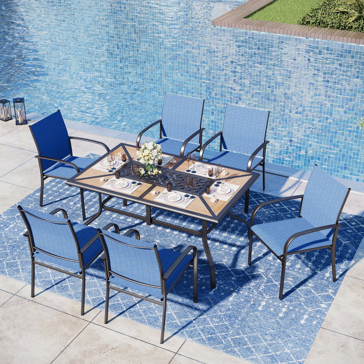 Captiva Designs 7pc Patio Dining Set with Wood-look Rectangle Steel Table & Sling Fixed Chairs