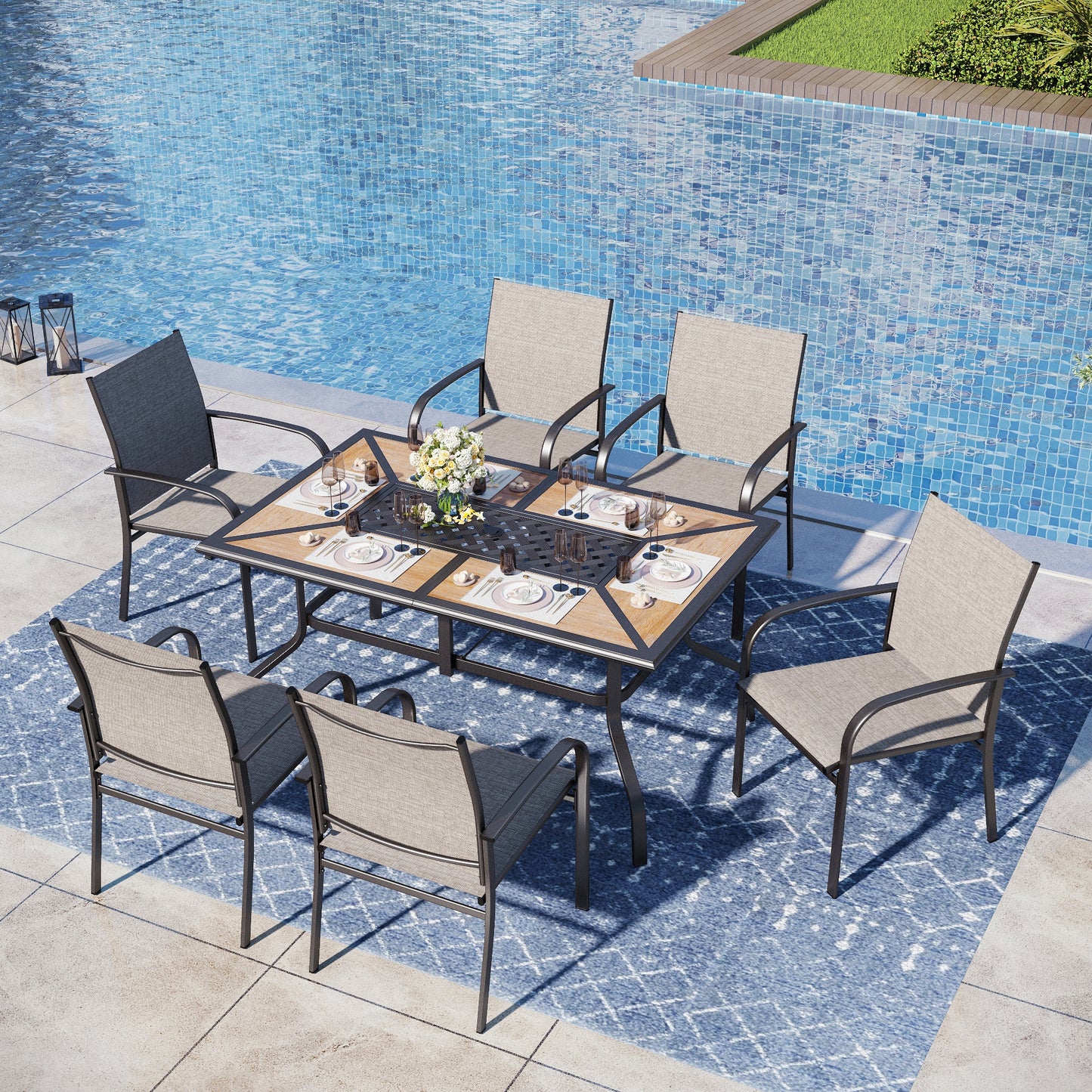 Captiva Designs 7pc Patio Dining Set with Wood-look Rectangle Steel Table & Sling Fixed Chairs