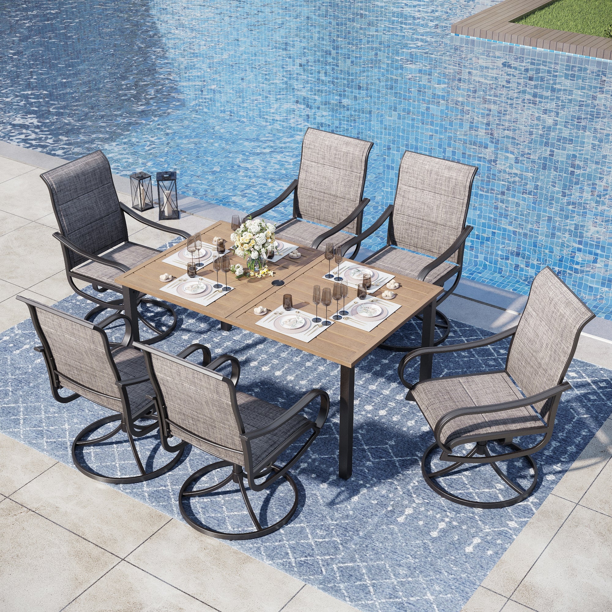 Nectar Table Captiva Designs 7pc Outdoor Rectangle Steel Table with Umbrella Hole ...