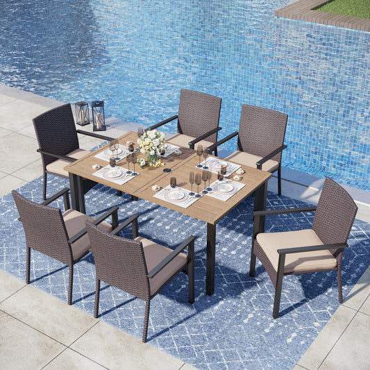 Captiva Designs 7pc Patio Slatted Top Steel Dining Table with Umbrella Hole & Cushioned Armrest Rattan Chairs