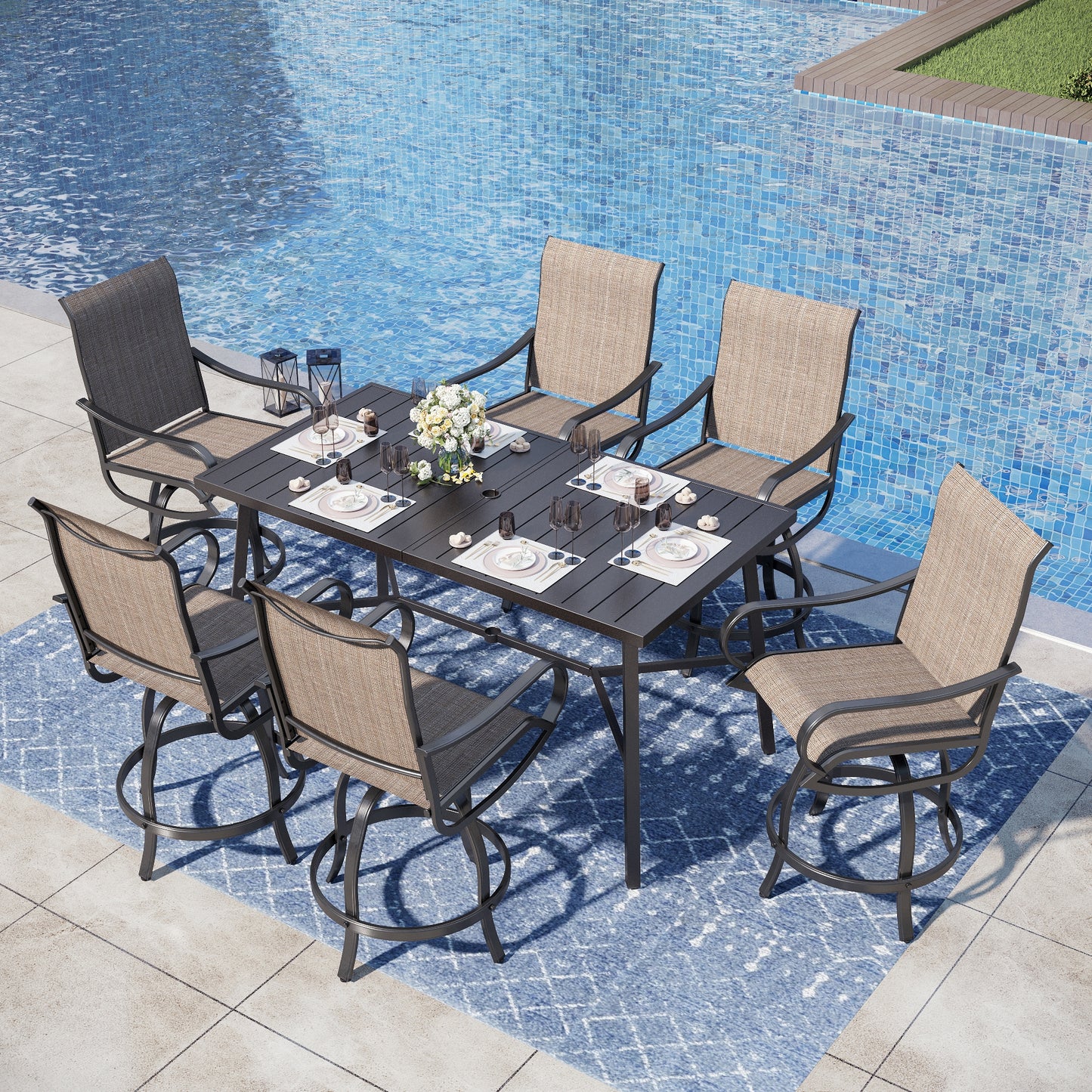 Captiva Designs 7pc Outdoor Patio Slatted Top Rectangle Metal Bar Table & Steel Swivel Bar Stools