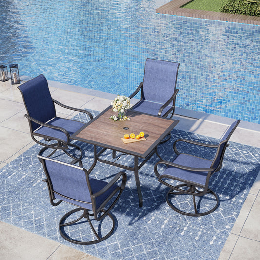 Captiva Designs 5pc Patio Wood-look Square Dining Table with Umbrella Hole & Textilene Swivel Chairs