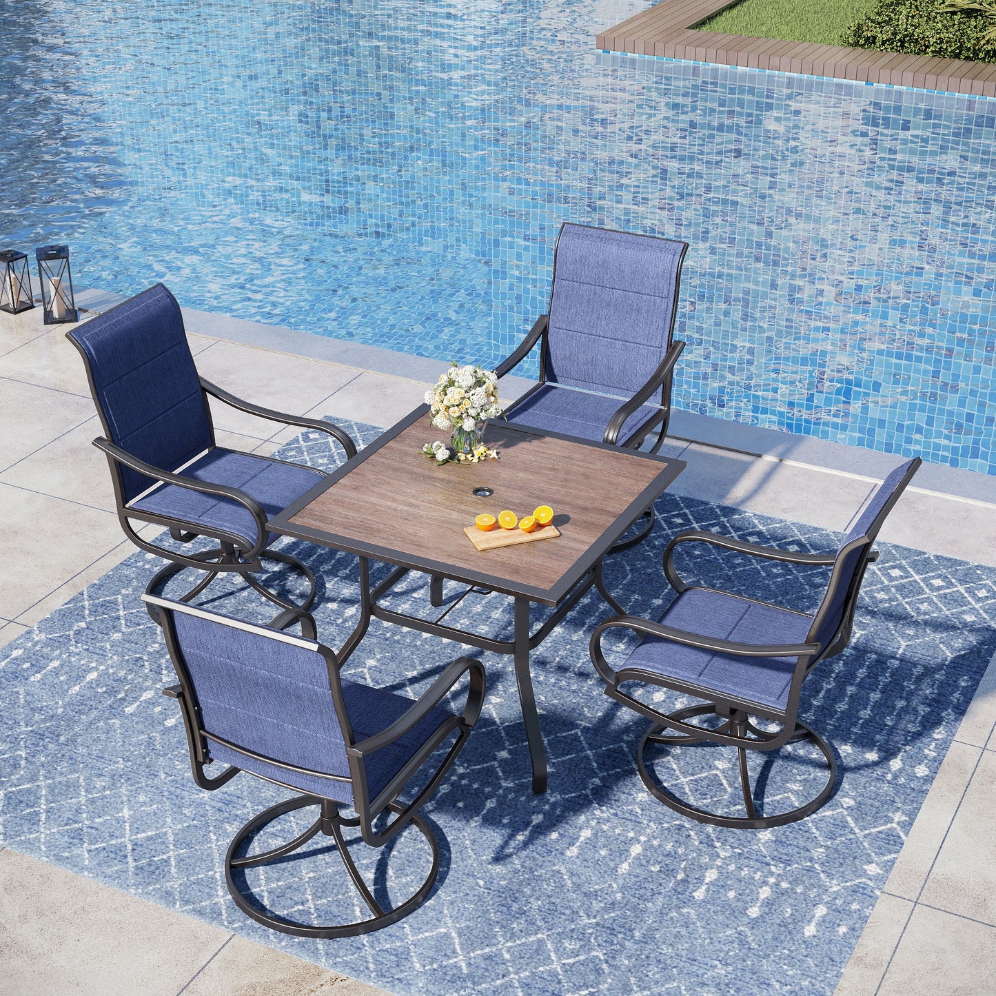 Captiva Designs 5pc Patio Wood-look Square Dining Table with Umbrella Hole & Textilene Swivel Chairs