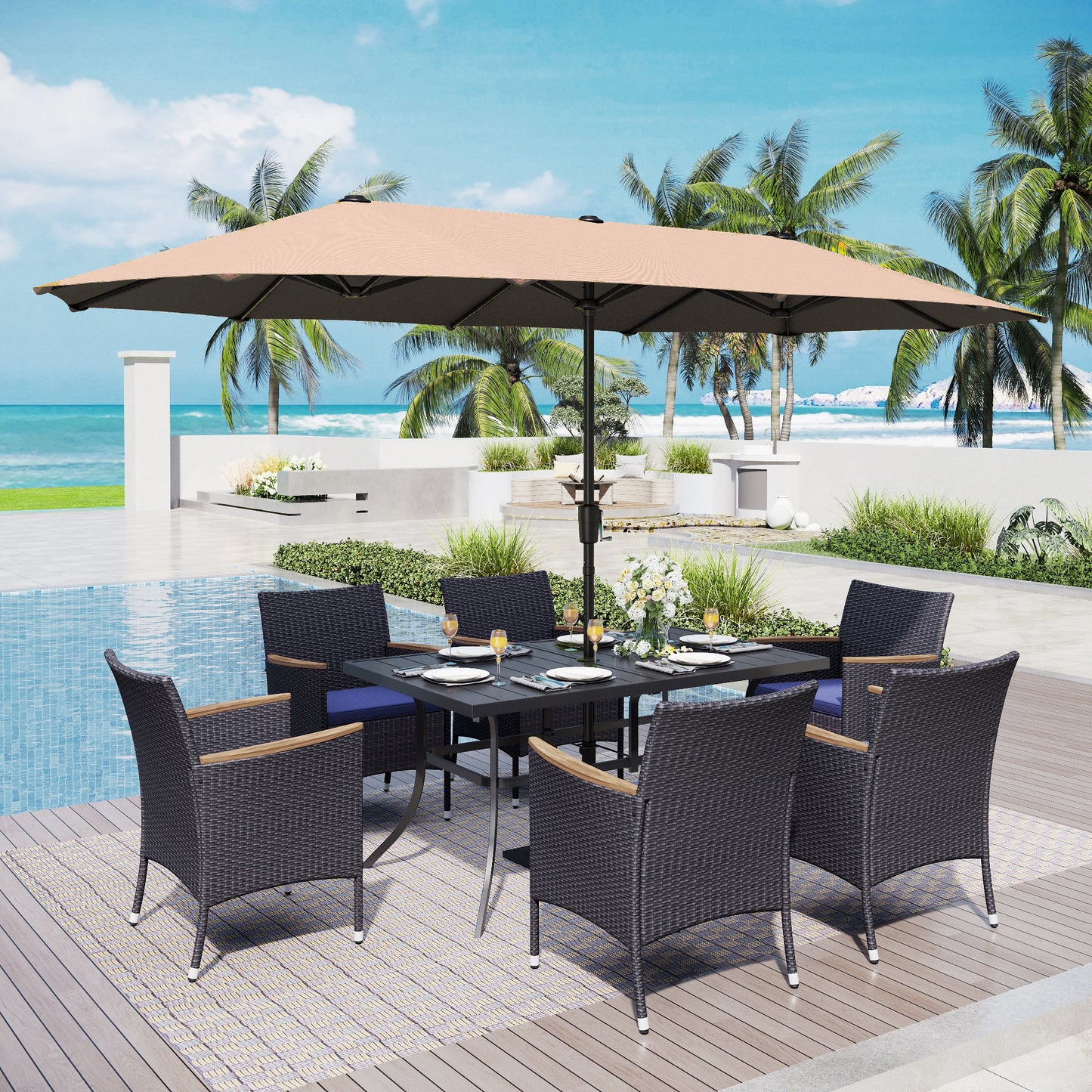 Captiva Designs 8pc Patio Wood-look Rectangle Metal Dining Table & Rattan Chairs & Market Umbrella