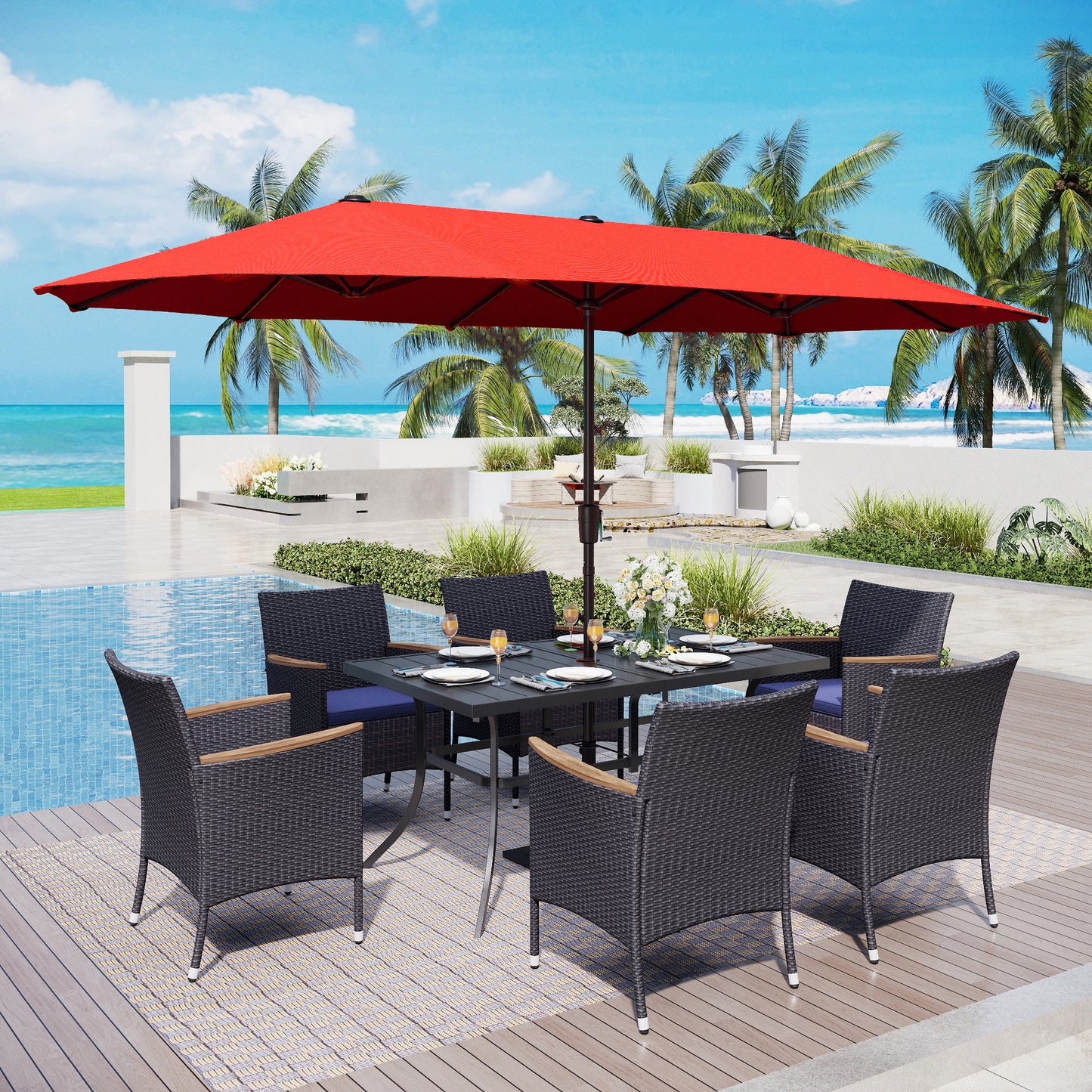 Captiva Designs 8pc Patio Wood-look Rectangle Metal Dining Table & Rattan Chairs & Market Umbrella