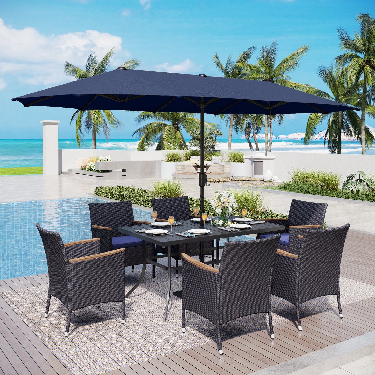 Captiva Designs 8pc Patio Wood-look Rectangle Metal Dining Table & Rattan Chairs & Market Umbrella