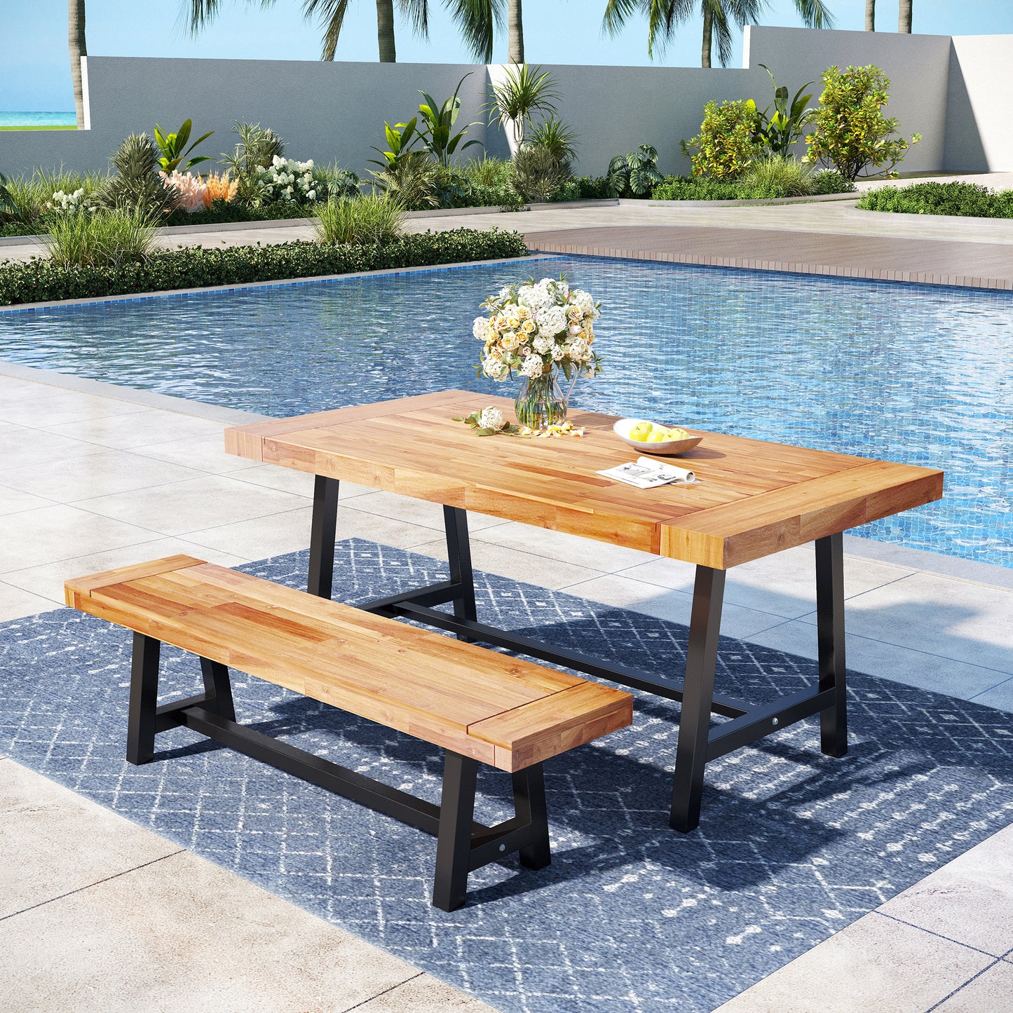 Captiva Designs Patio Dining Oil Finished Tabletop and Spray Painted Leg Acacia Wood Table & Backless Acacia Wood Bench