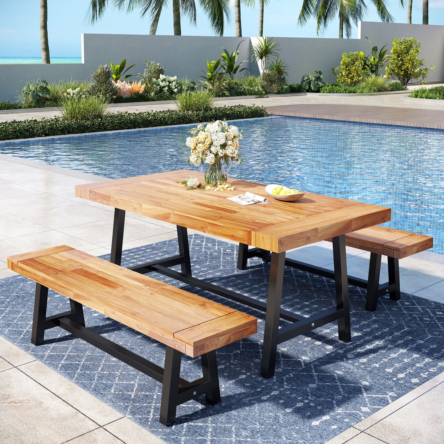 Captiva Designs Patio Dining Oil Finished Tabletop and Spray Painted Leg Acacia Wood Table & Backless Acacia Wood Bench