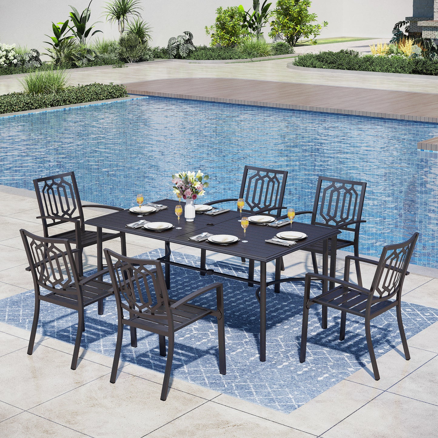 Captiva Designs 7pc Patio Dining Set with Slat-top Rectangle Table & Metal Stackable Chairs