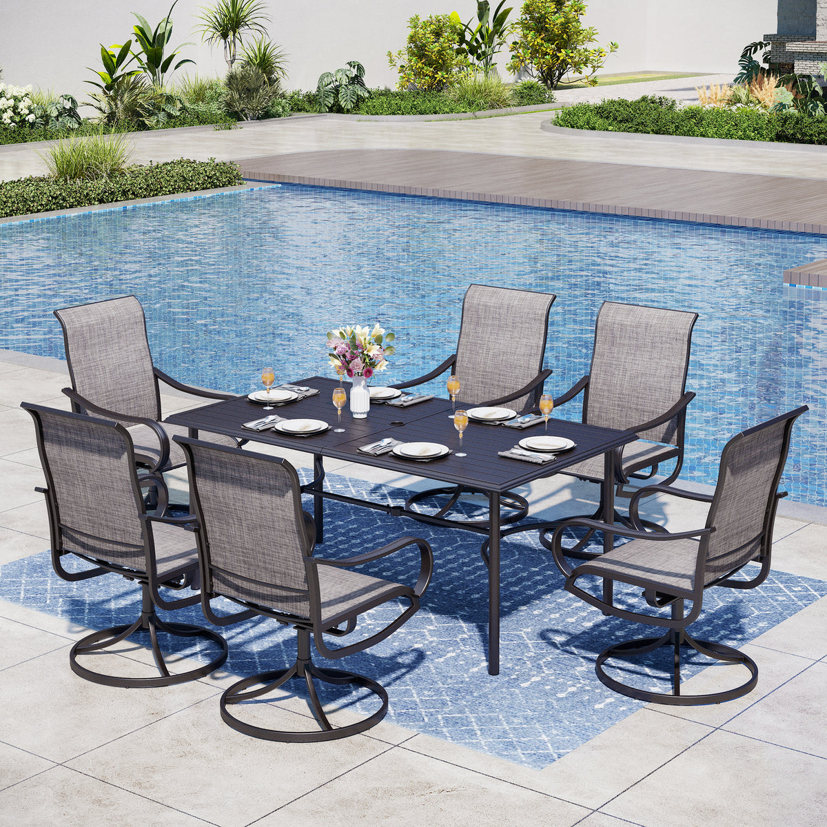 Nectar Table Captiva Designs 7pc Outdoor Rectangle Steel Table with Umbrella Hole ...
