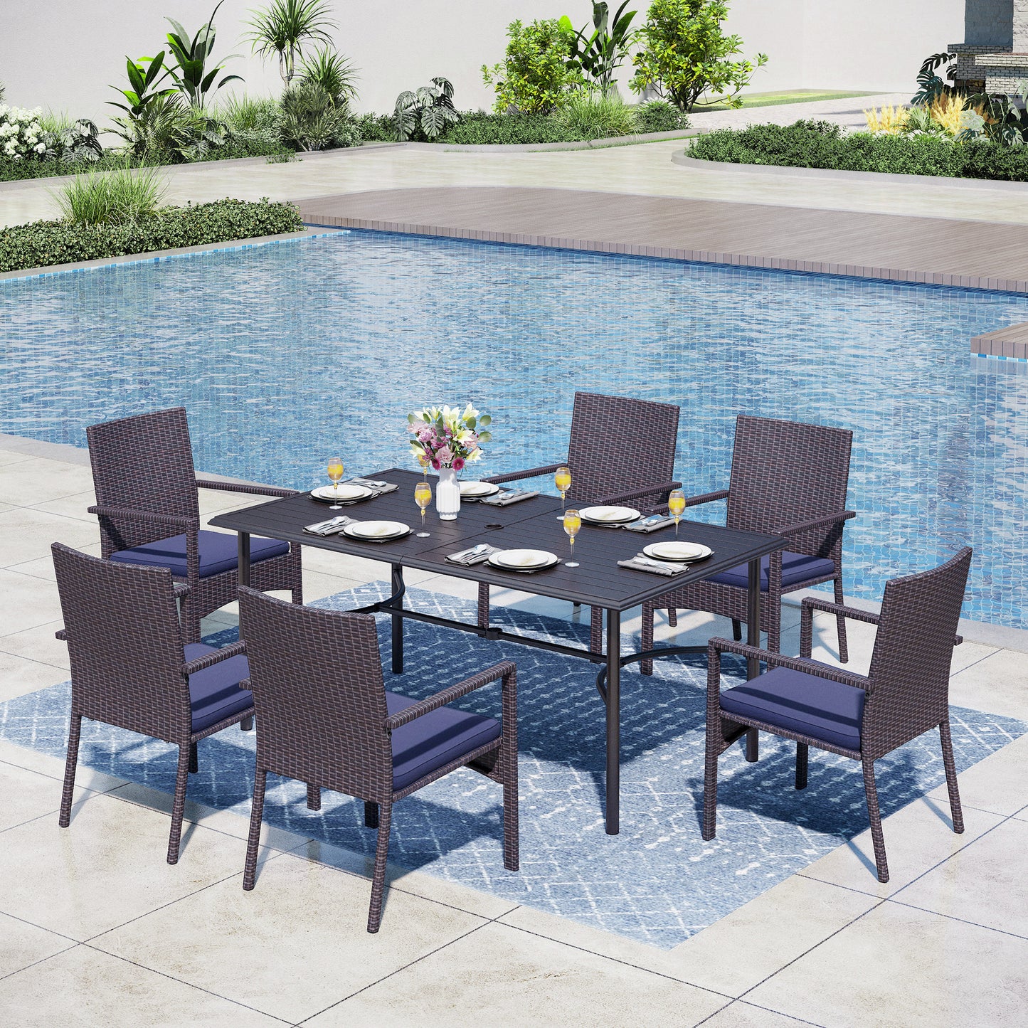Captiva Designs 7pc Patio Slatted Top Steel Dining Table with Umbrella Hole & Cushioned Armrest Rattan Chairs